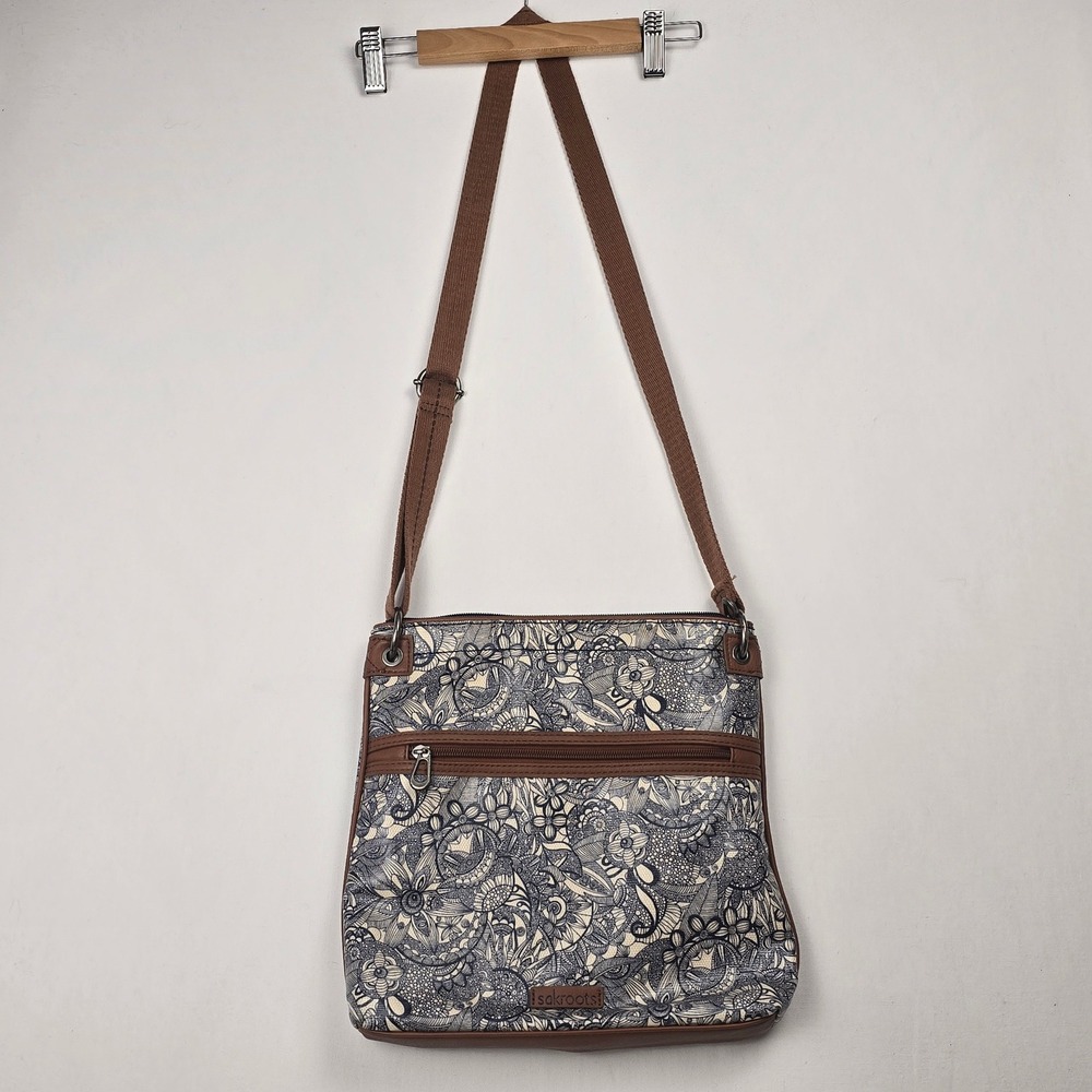 Sakroots Blue White Floral Doodle Print Coated Canvas Crossbody Messenger Bag‎